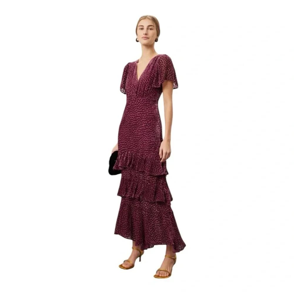 Rixo Gilly Dress Tiered in Burgundy Burnout Velvet Polka Dots Size XL